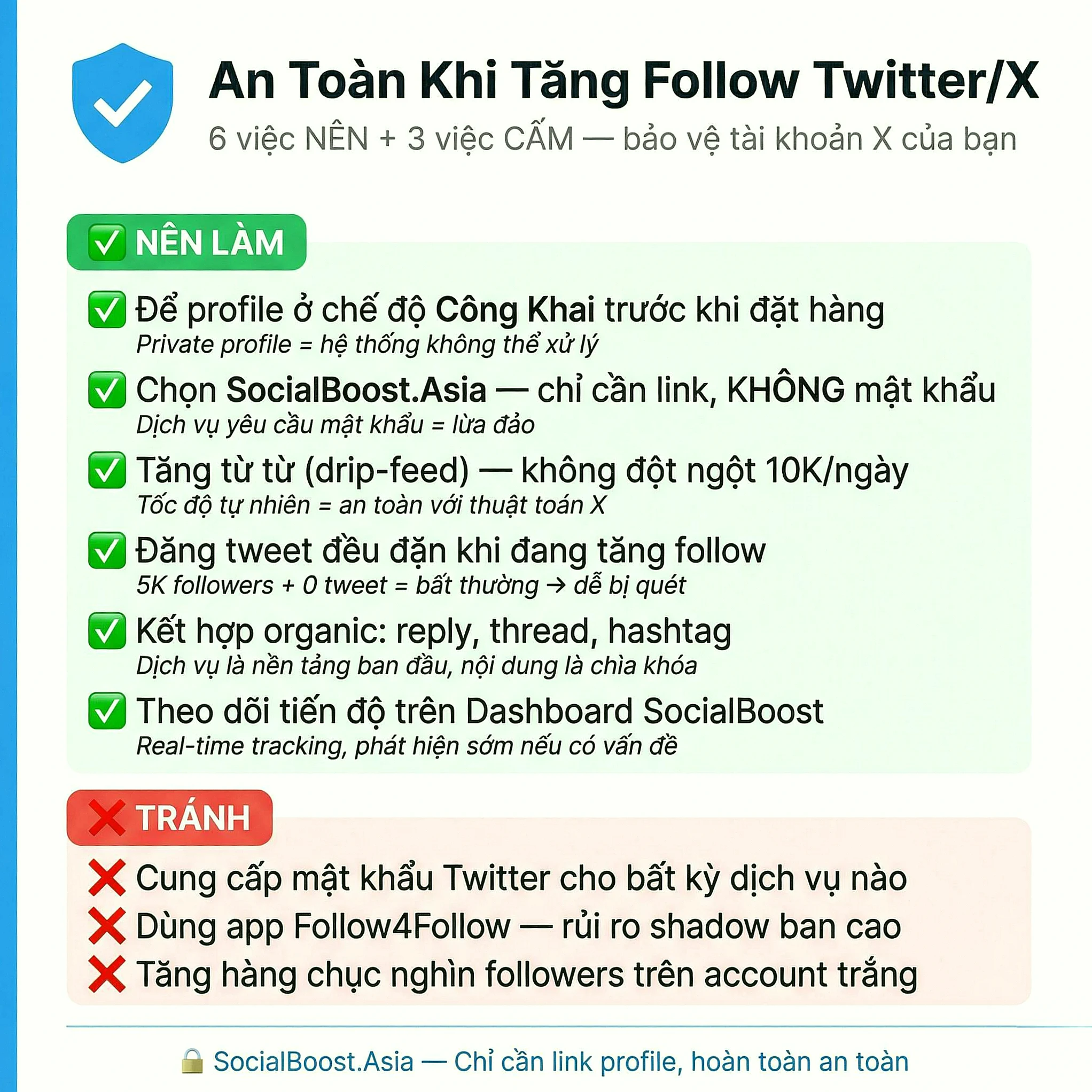 Checklist an toàn tăng follow Twitter X tránh bị khóa tài khoản 2026