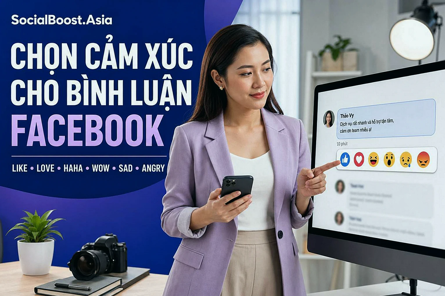 Chọn Like, Love, Haha, Wow, Sad hoặc Angry phù hợp với bình luận Facebook