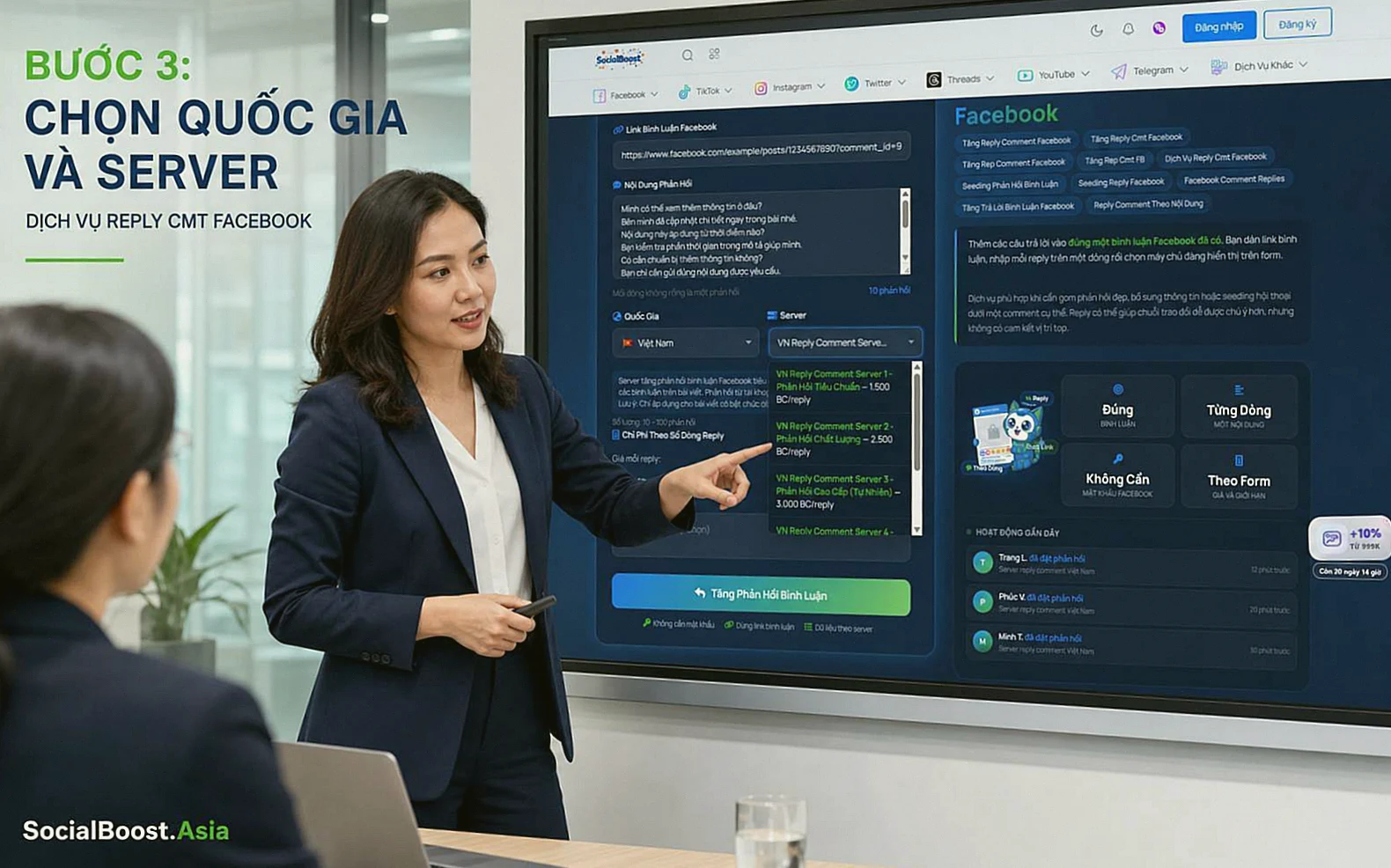 Chọn quốc gia và máy chủ dịch vụ tăng reply comment Facebook