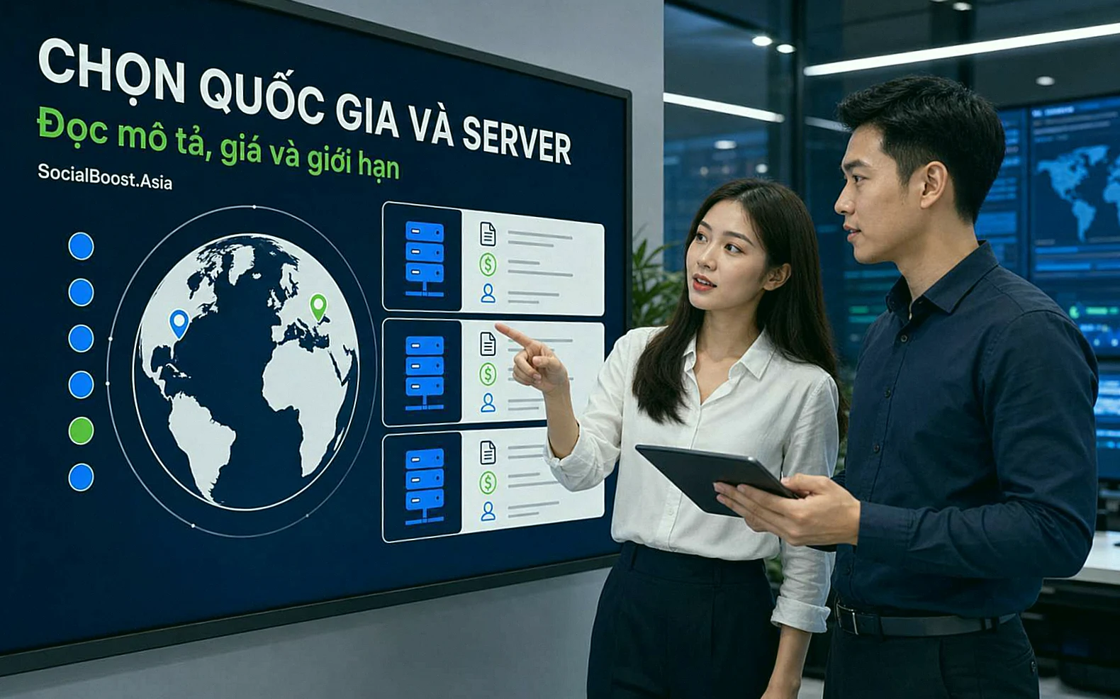 Chọn quốc gia và server tăng comment Facebook trên Social Boost Asia