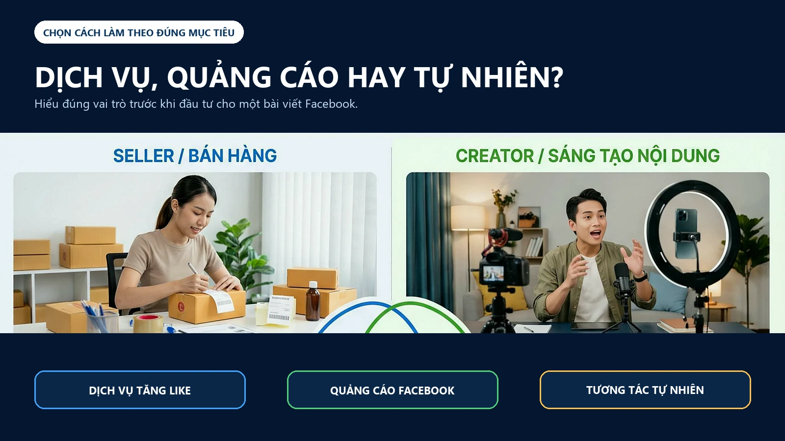 Người bán hàng và nhà sáng tạo so sánh dịch vụ tăng like, quảng cáo Facebook và tương tác tự nhiên