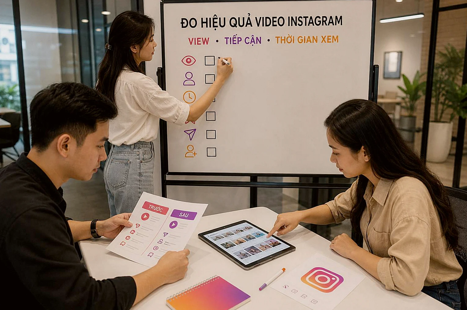 Nhóm marketing Việt Nam xem lại hiệu quả video Instagram