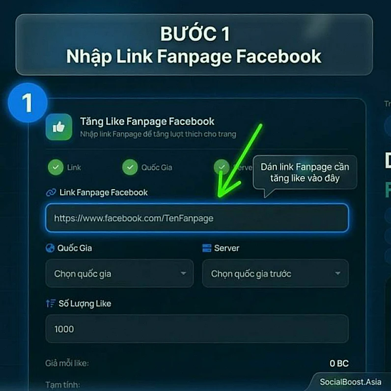 Bước 1 - nhập link Fanpage Facebook
