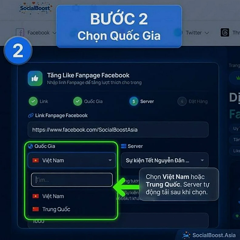 Bước 2 - chọn quốc gia Việt Nam