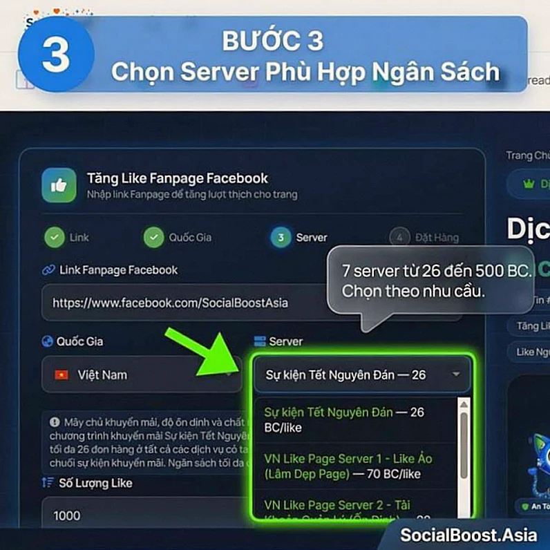 Bước 3 - chọn server từ 26 đến 500 BC