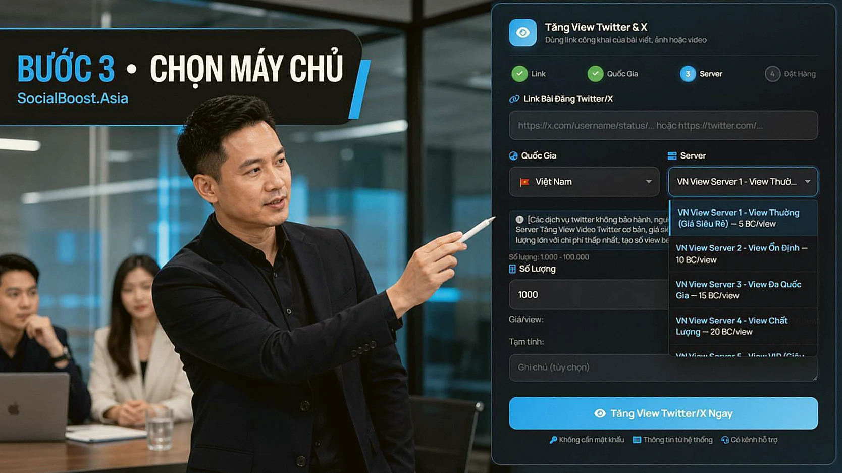 Chọn máy chủ tăng view Twitter X theo dữ liệu hiển thị trên form