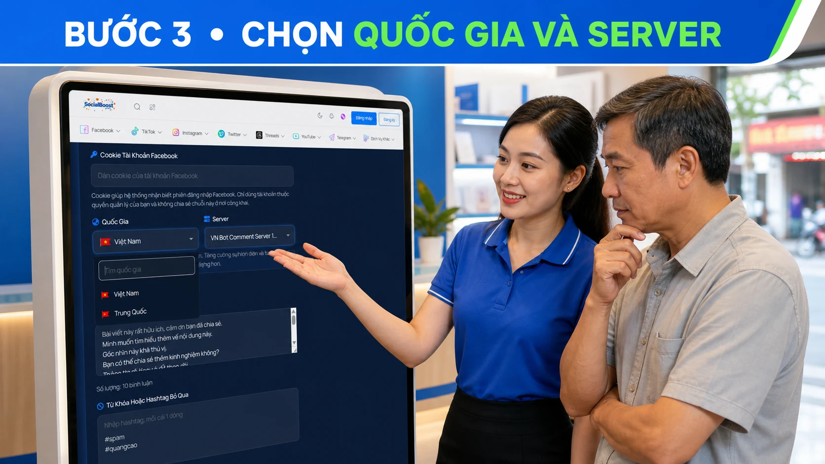 Chọn quốc gia và server Bot Comment Facebook từ dữ liệu hiện hành