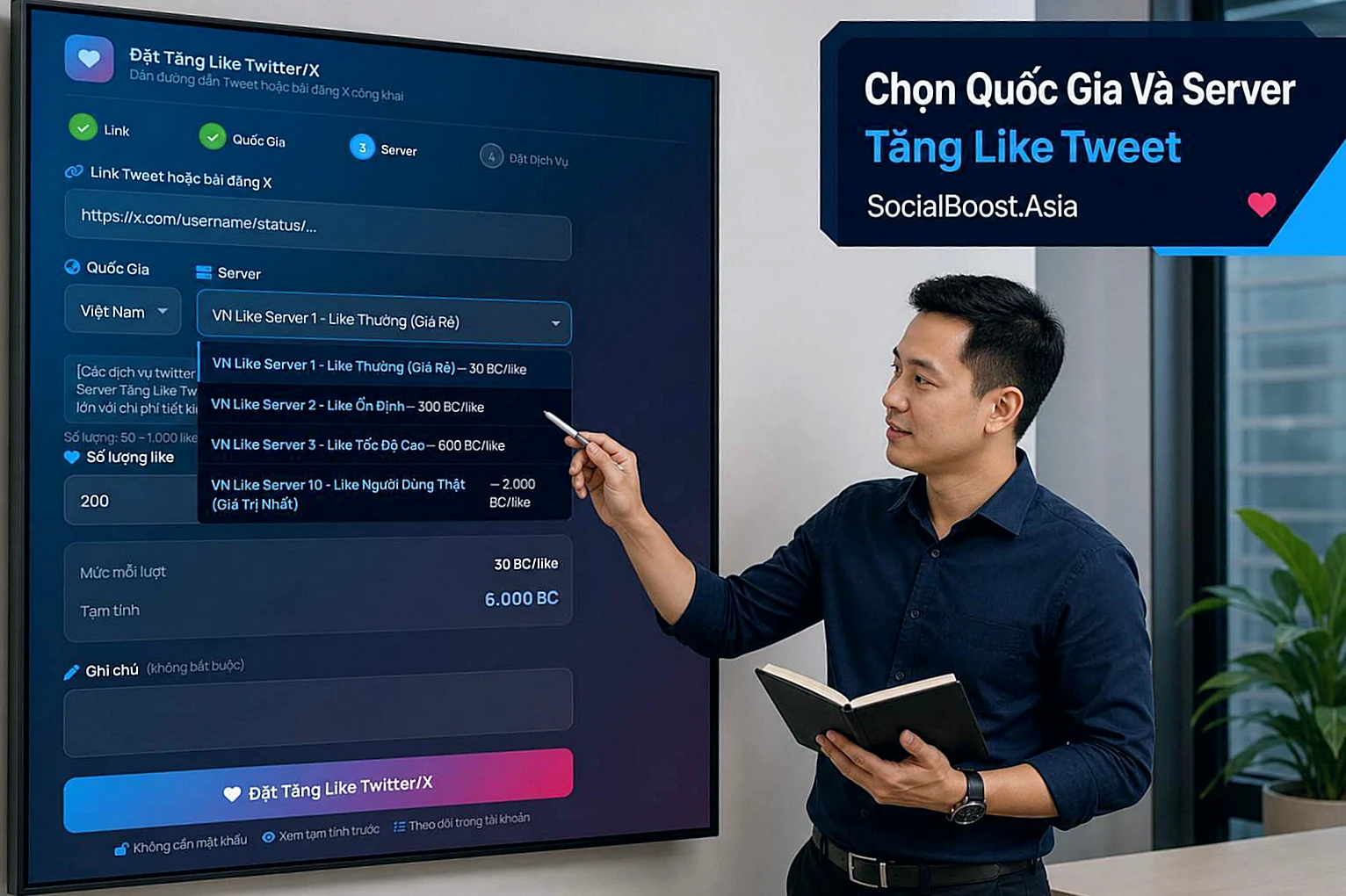 Hướng dẫn chọn quốc gia và máy chủ tăng like Tweet