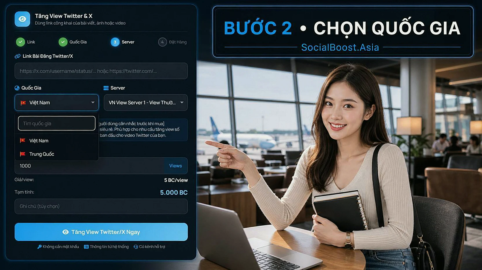Dán link và chọn quốc gia cho dịch vụ tăng view Twitter X