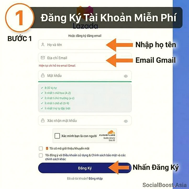 Hướng dẫn đăng ký tài khoản Social Boost Asia - Bước 1 tăng follow Lazada