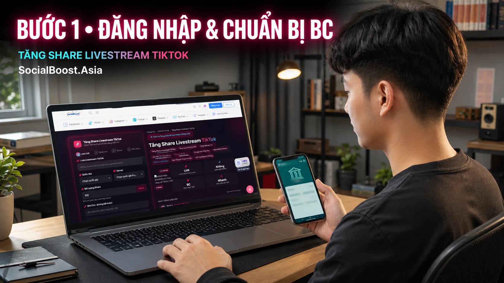 Bước 1 đăng nhập Social Boost Asia để tăng share livestream TikTok