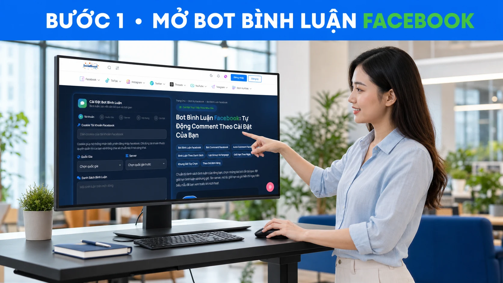Người dùng mở trang Bot Bình Luận Facebook trên Social Boost Asia