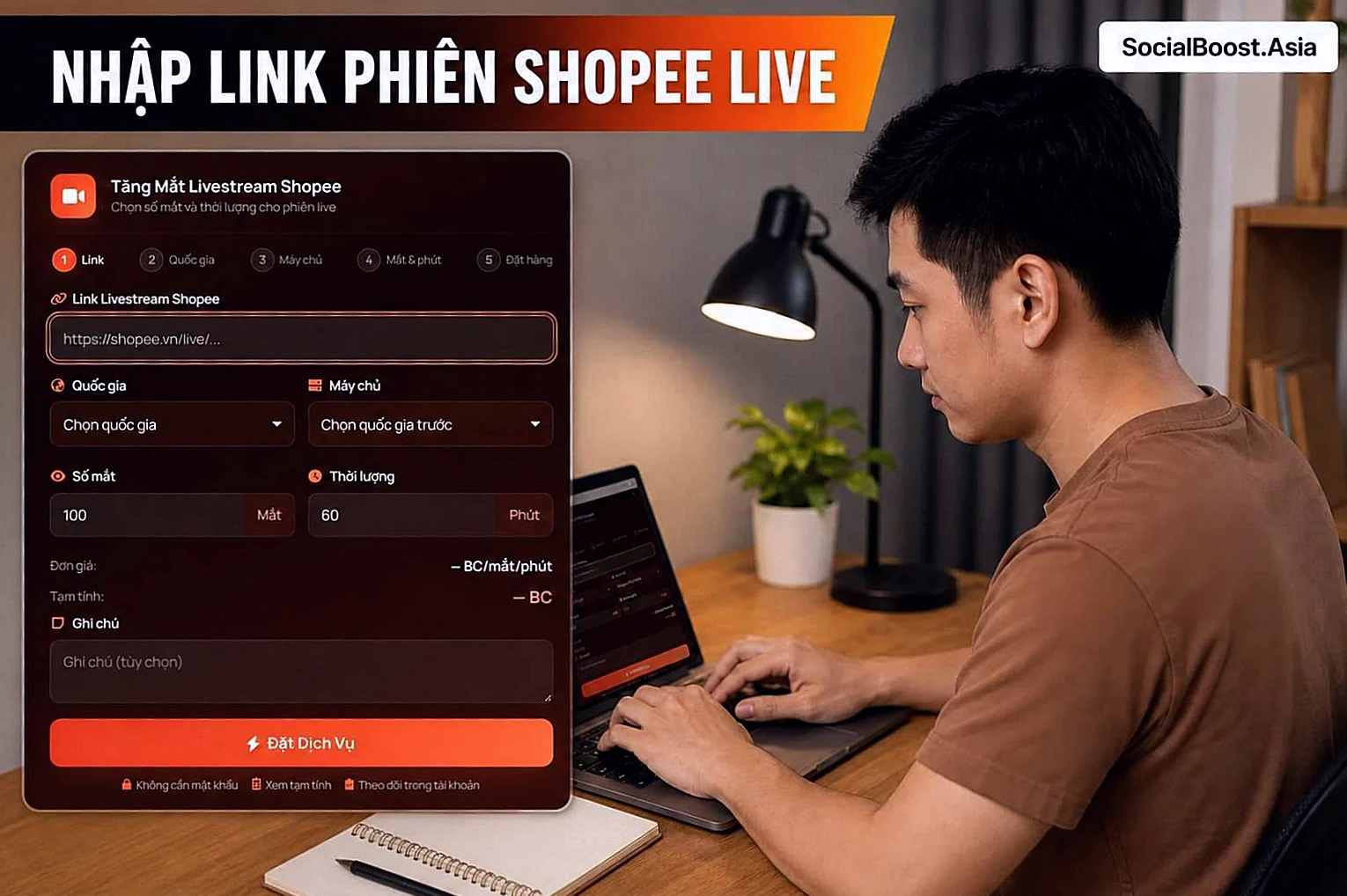 Hướng dẫn nhập link để tăng mắt livestream Shopee trên Social Boost Asia