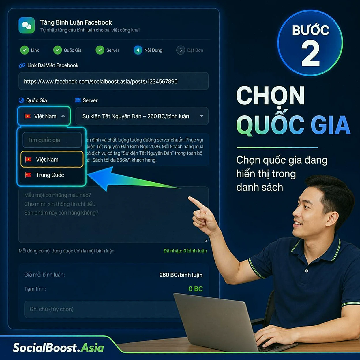 Bước 2: Chọn quốc gia