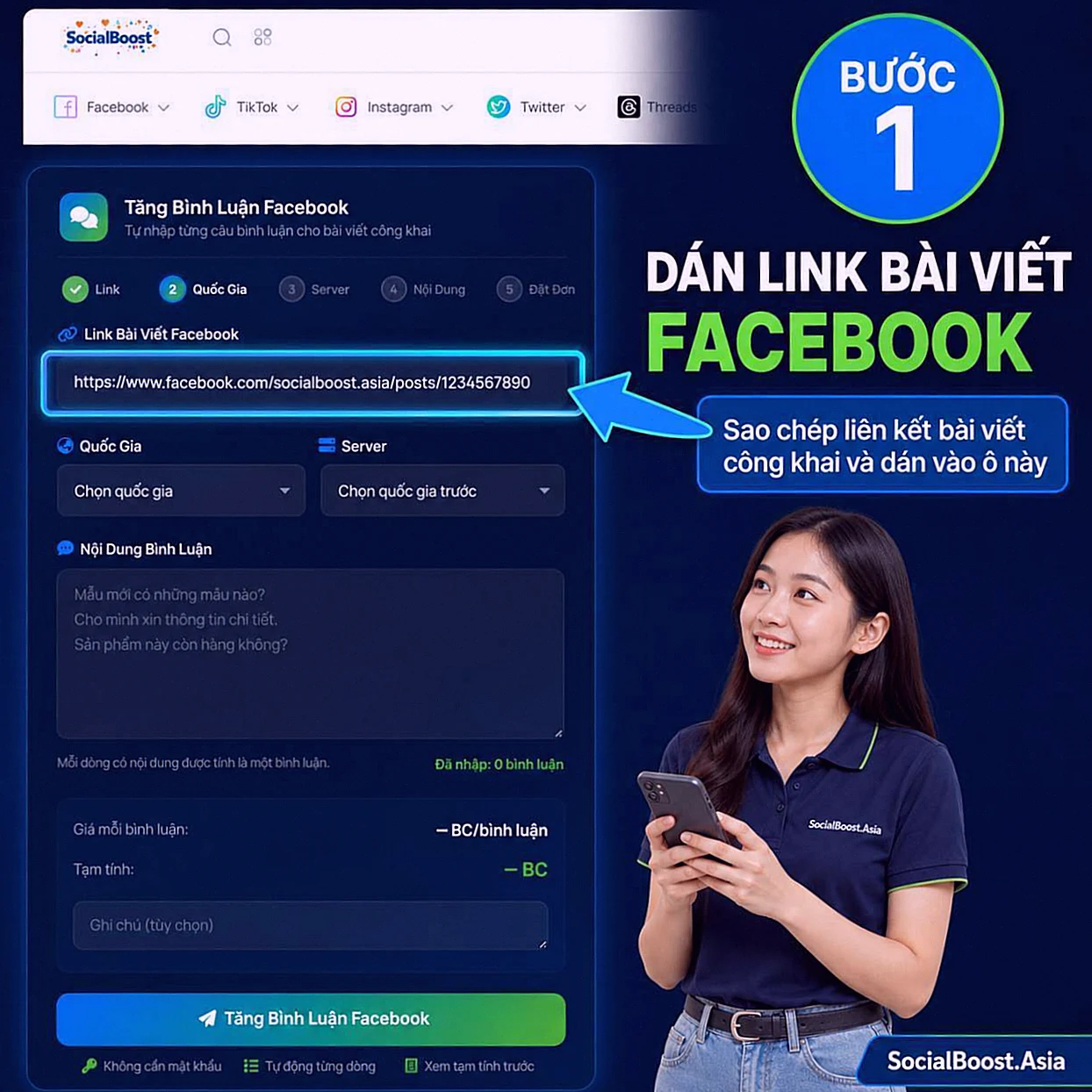 Bước 1: Dán liên kết bài viết Facebook