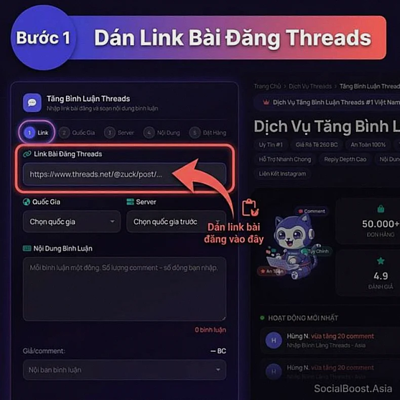 Hướng dẫn tăng bình luận Threads bước 1 dán link bài đăng