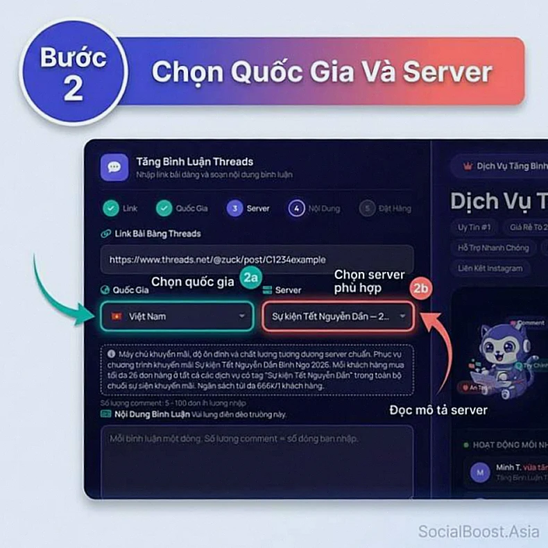 Hướng dẫn tăng bình luận Threads bước 2 chọn quốc gia và server