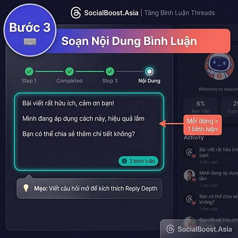 Hướng dẫn tăng bình luận Threads bước 3 soạn nội dung bình luận