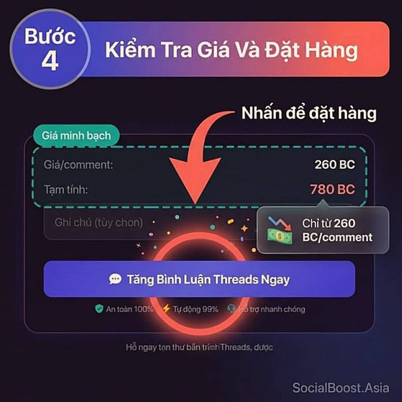 Hướng dẫn tăng bình luận Threads bước 4 kiểm tra giá và đặt hàng
