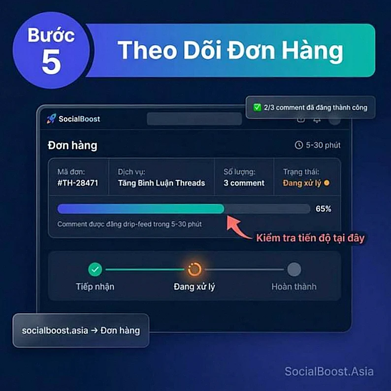 Hướng dẫn tăng bình luận Threads bước 5 theo dõi đơn hàng trên dashboard SocialBoost