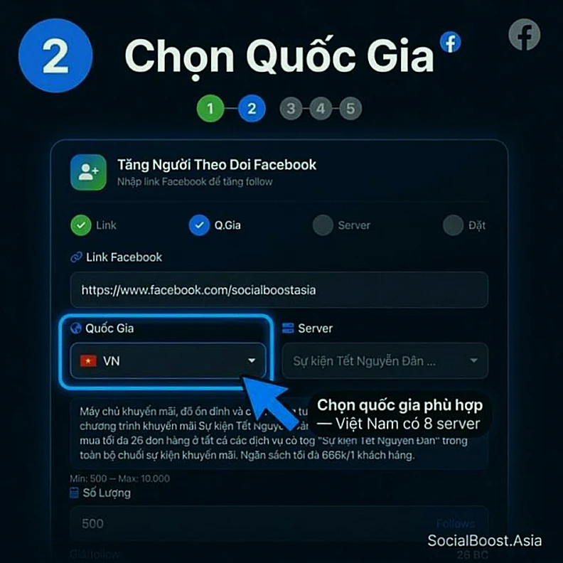 Hướng dẫn tăng follow Facebook — Bước 2: Chọn quốc gia Việt Nam