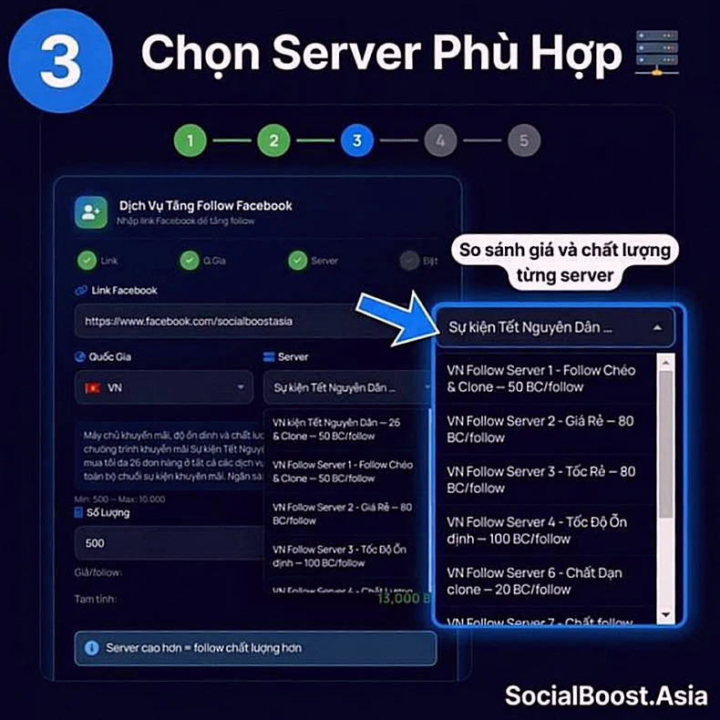 Hướng dẫn tăng follow Facebook — Bước 3: Chọn server phù hợp