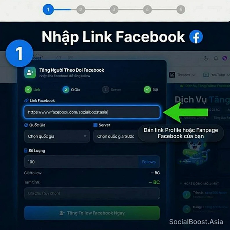 Hướng dẫn tăng follow Facebook — Bước 1: Nhập link Facebook vào form