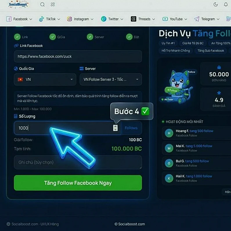 Hướng dẫn tăng follow Facebook — Bước 4: Nhập số lượng và xem giá