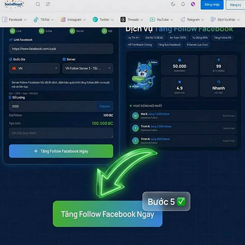 Hướng dẫn tăng follow Facebook — Bước 5: Xác nhận đơn hàng