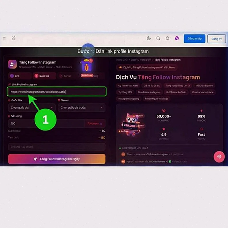 Hướng dẫn tăng follow Instagram bước 1 - Dán link profile Instagram vào ô nhập liên kết