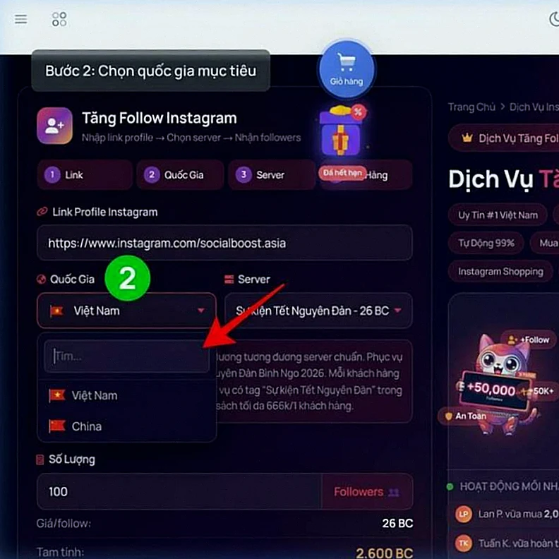 Hướng dẫn tăng follow Instagram bước 2 - Chọn quốc gia mục tiêu từ dropdown