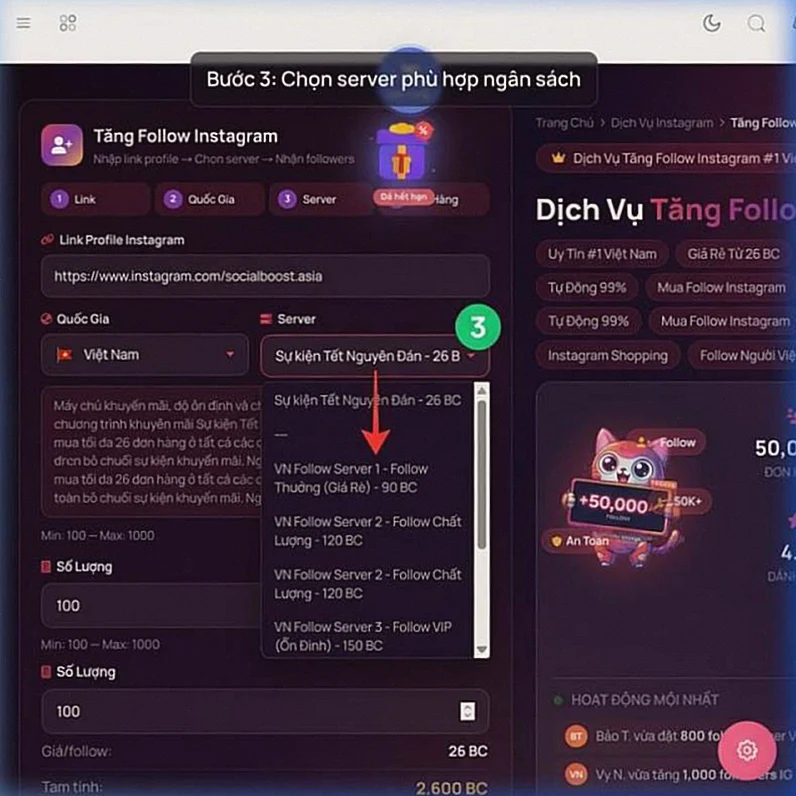 Hướng dẫn tăng follow Instagram bước 3 - Chọn server phù hợp ngân sách từ 26 BC đến 250 BC