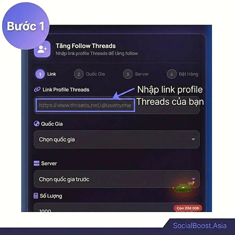 Hướng dẫn tăng follow Threads bước 1 - Nhập link profile threads.net/@username vào form đặt hàng SocialBoost.Asia