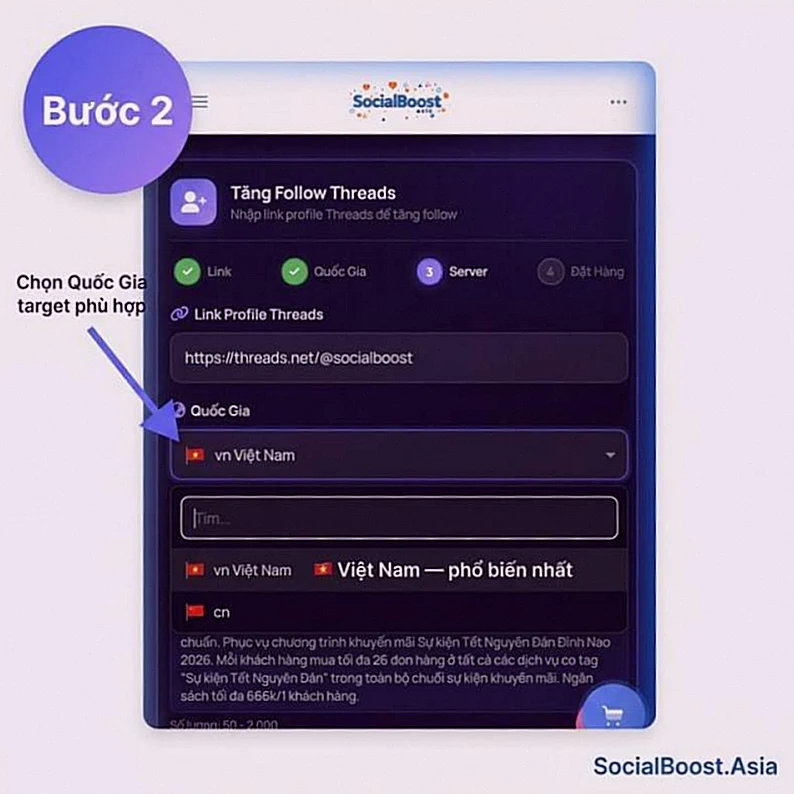 Hướng dẫn tăng follow Threads bước 2 - Chọn quốc gia Việt Nam từ dropdown