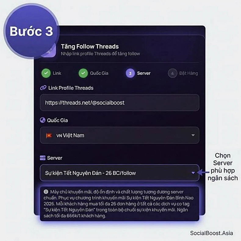 Hướng dẫn tăng follow Threads bước 3 - Chọn server chất lượng với giá và mô tả chi tiết