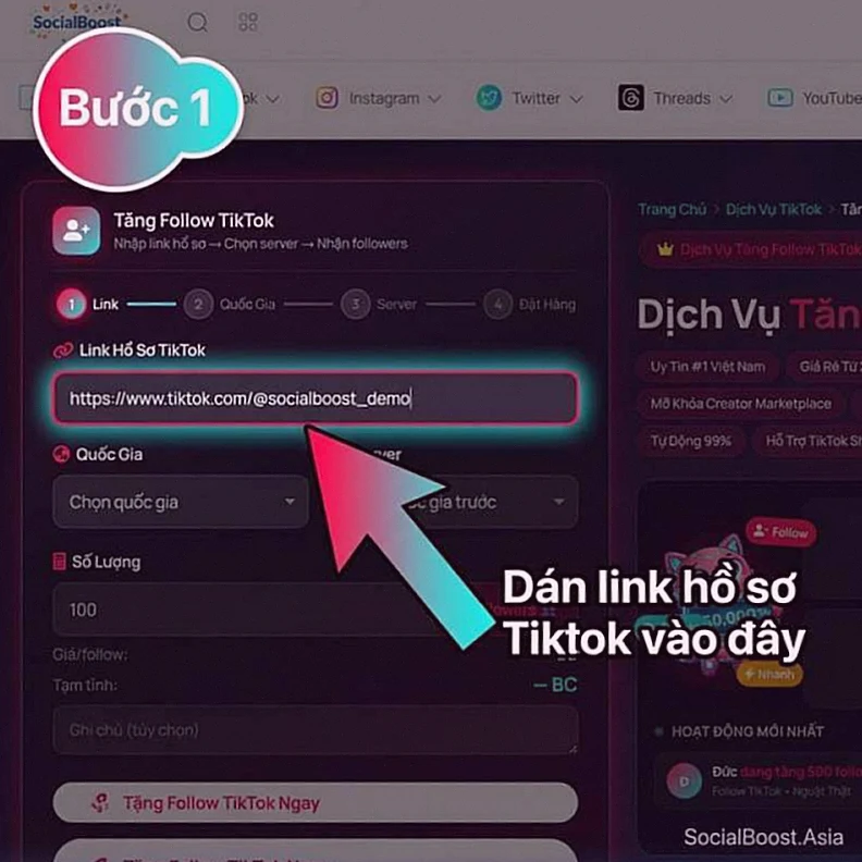 Bước 1: Nhập link hồ sơ TikTok vào form tăng follow