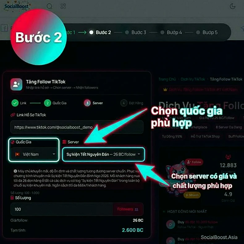 Bước 2: Chọn quốc gia và server tăng follow TikTok