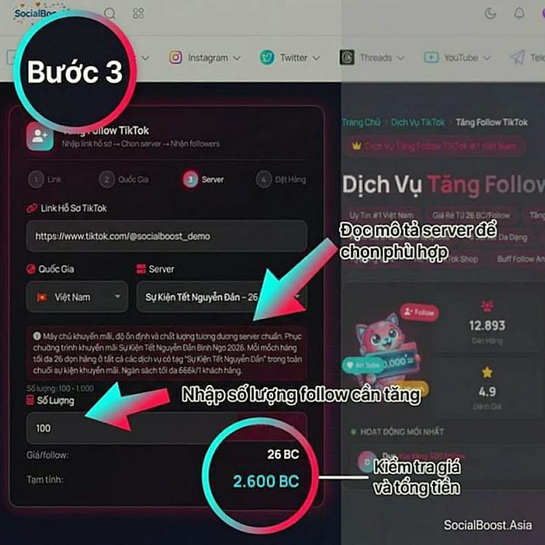 Bước 3: Đọc mô tả server và nhập số lượng follow cần tăng