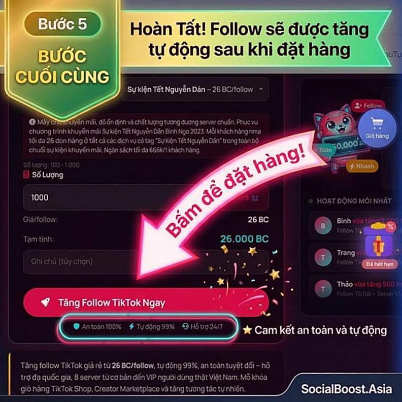 Bước 5: Nhấn đặt hàng tăng follow TikTok thành công