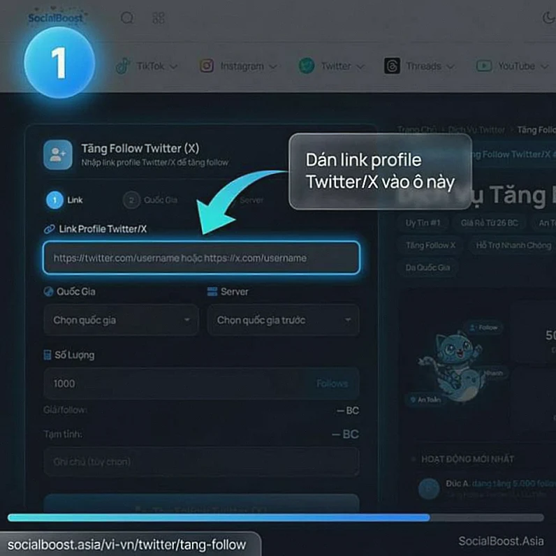 Hướng dẫn bước 1 dán link profile Twitter để tăng follow