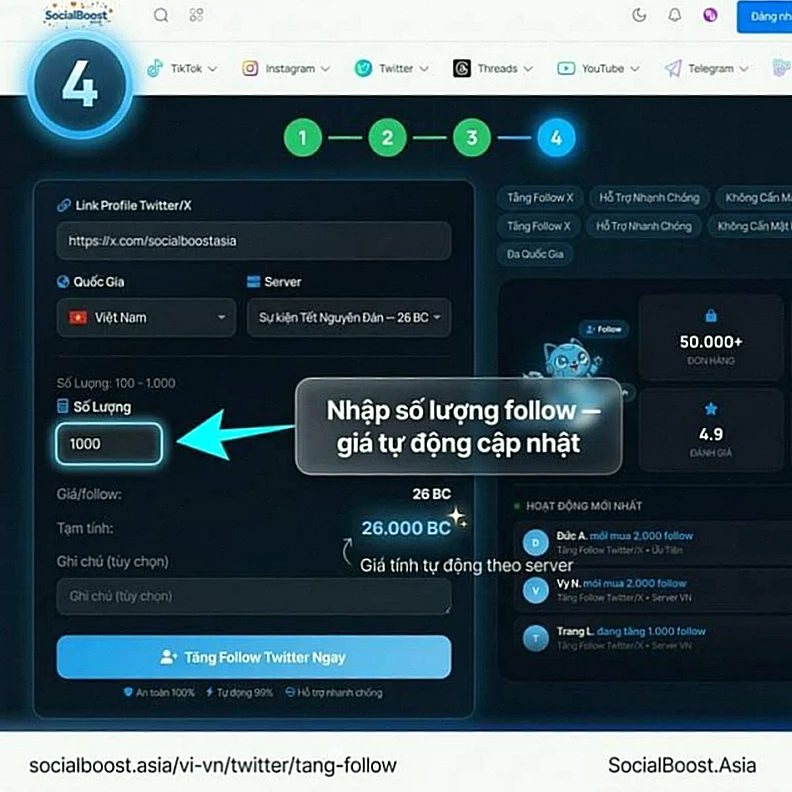 Hướng dẫn bước 4 nạp Boost Credit và đặt hàng tăng follow Twitter