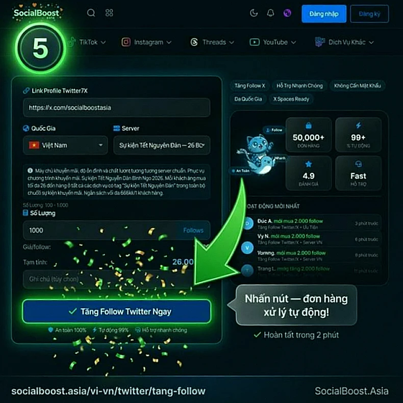 Hướng dẫn bước 5 theo dõi tiến độ đơn hàng tăng follow Twitter trên Dashboard