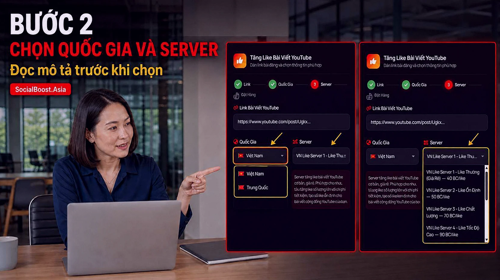 Hướng dẫn tăng like bài viết YouTube bước hai chọn quốc gia và server đang hiển thị trên form