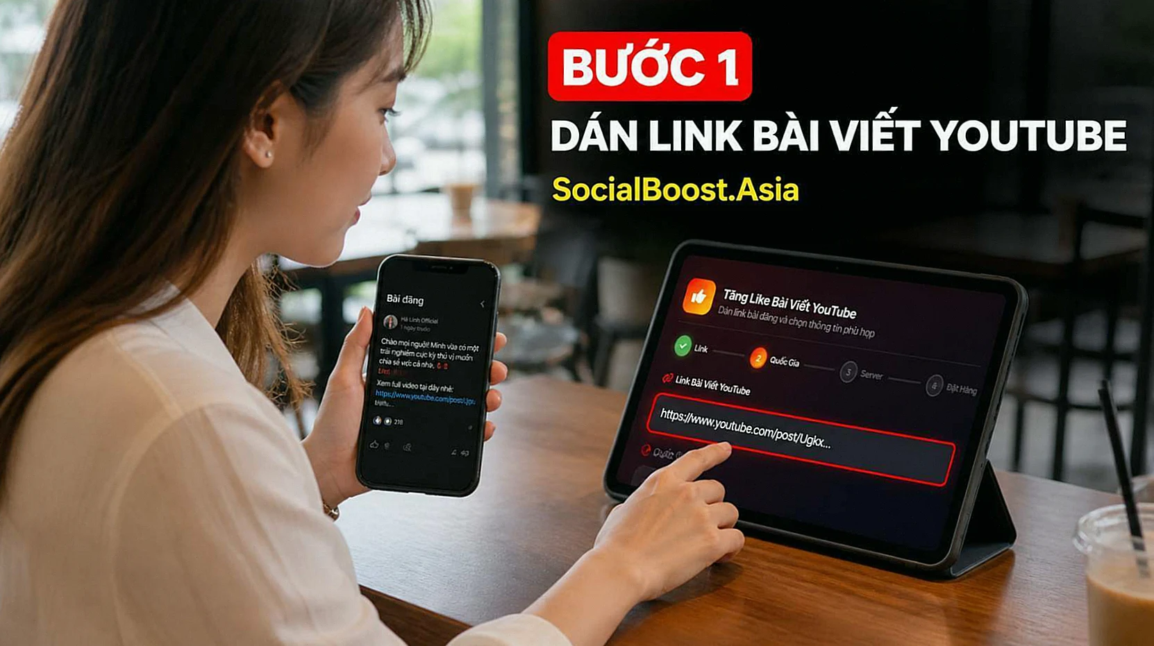 Hướng dẫn tăng like bài viết YouTube bước một dán link bài Community vào form V2 Social Boost Asia