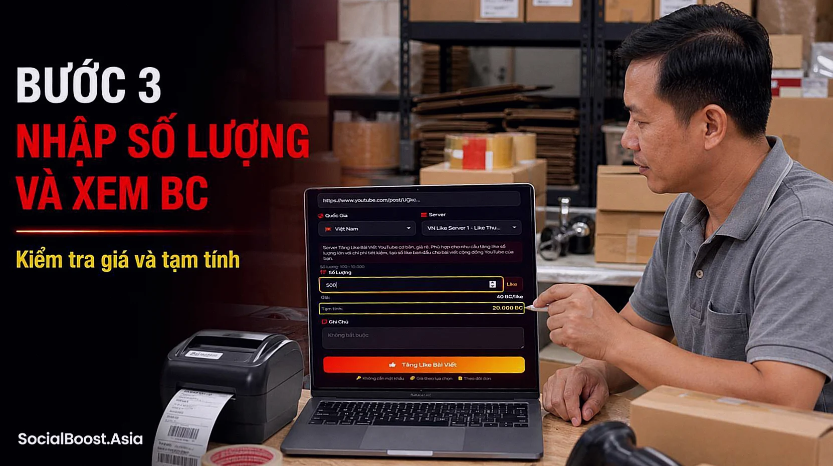 Hướng dẫn tăng like bài viết YouTube bước ba nhập số lượng và kiểm tra giá bằng Boost Credit