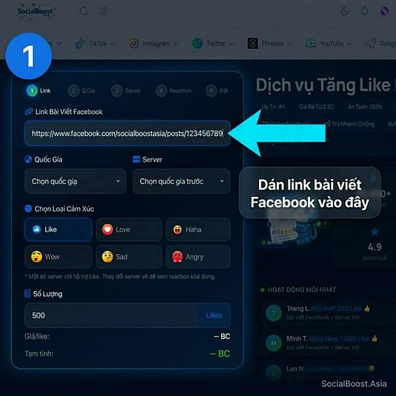 Bước 1: Dán link bài viết Facebook cần tăng like