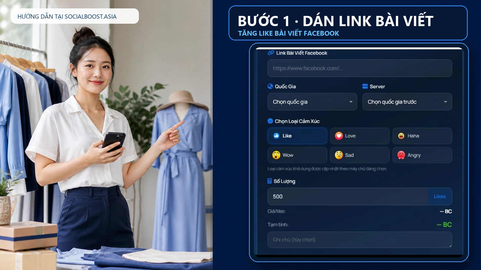Người bán hàng thực hiện bước 1 dán link bài viết để tăng like Facebook