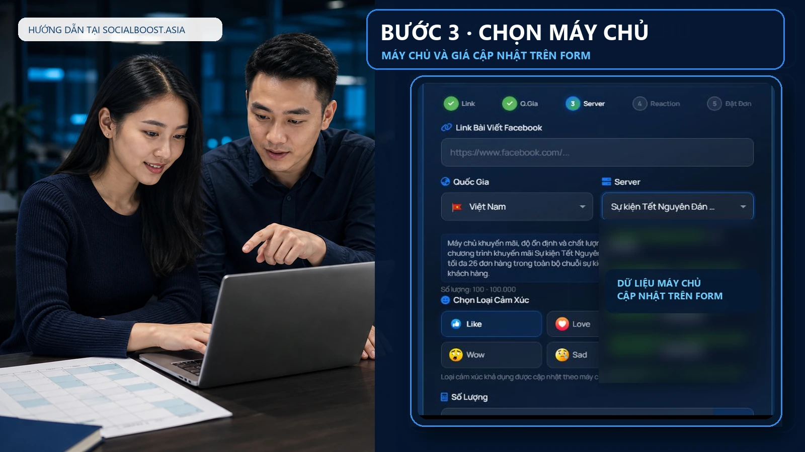 Đội marketing thực hiện bước 3 chọn máy chủ tăng like Facebook trên biểu mẫu thật
