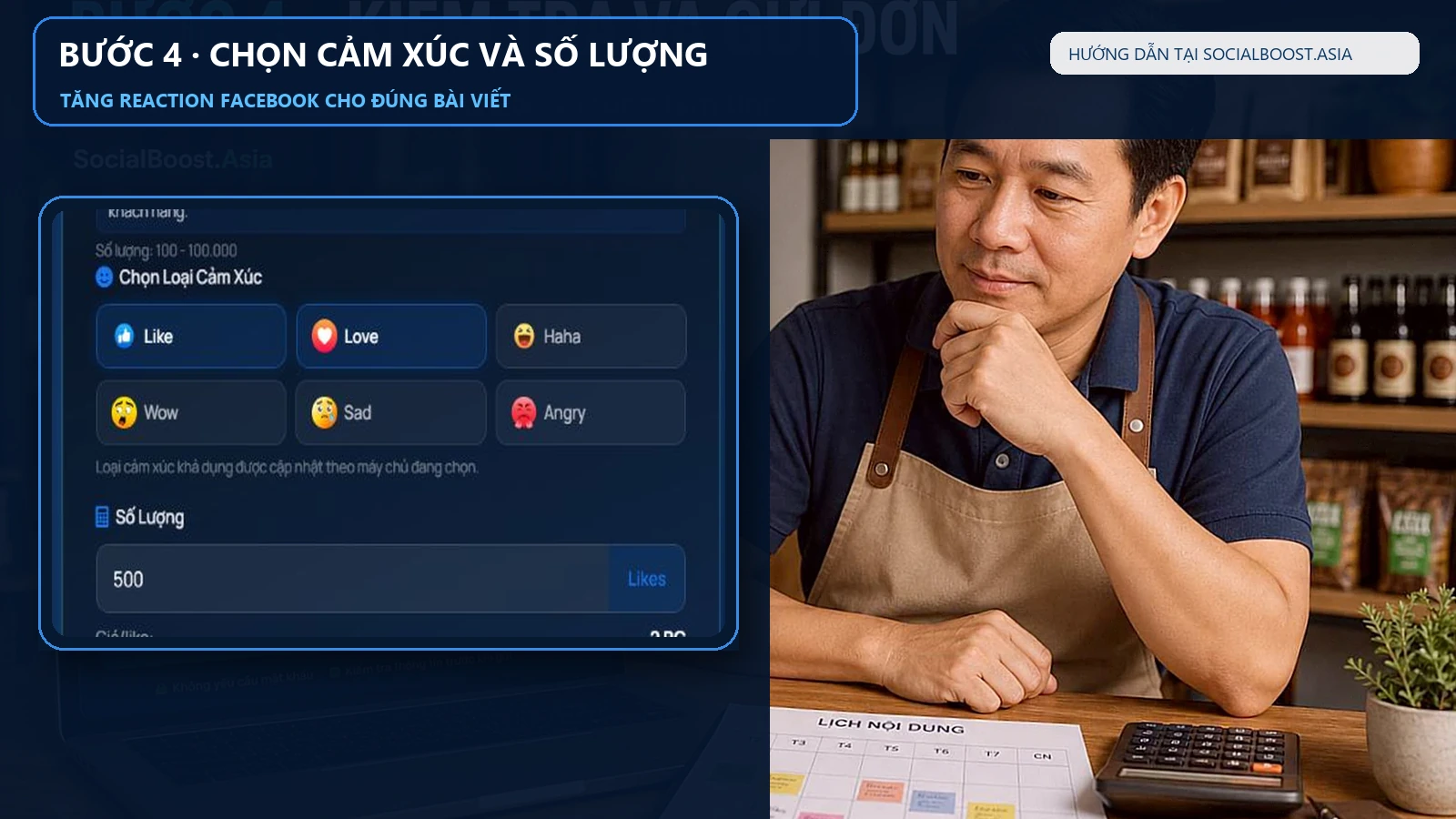 Chủ cửa hàng thực hiện bước 4 chọn cảm xúc và số lượng tăng reaction Facebook