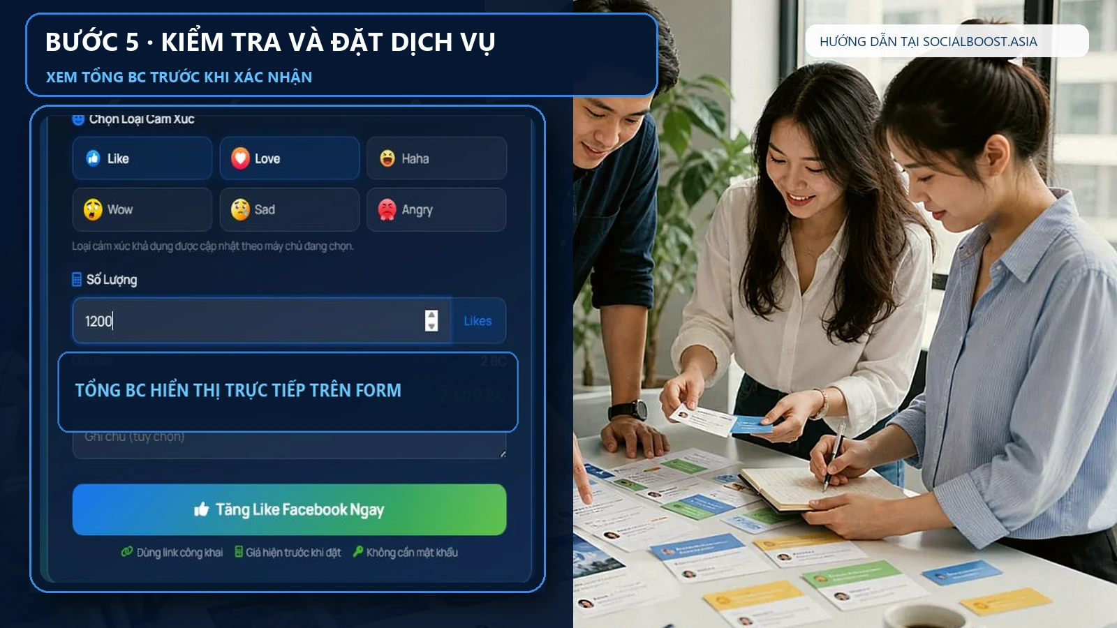 Đội ngũ truyền thông thực hiện bước 5 kiểm tra tổng Boost Credit trước khi tăng like Facebook